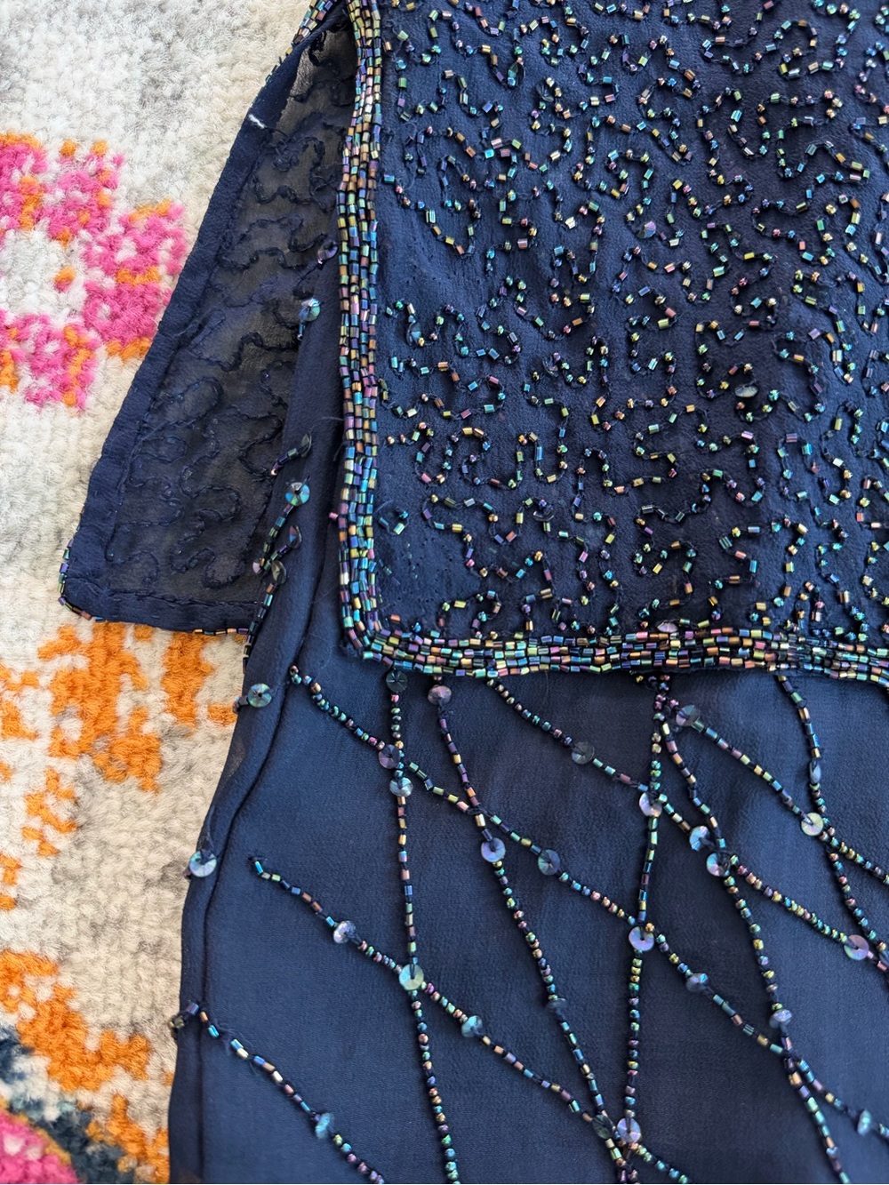 Adrianna Papell 100% Silk Vintage Blue Beaded Iridescent Party Formal Sheer 16